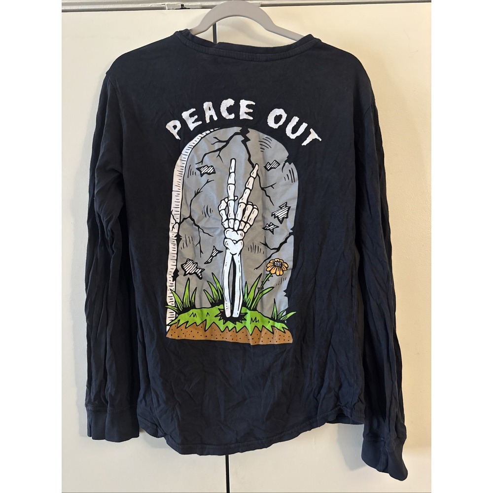 Dikotomy Men's Long Sleeve Shirt Peace Out Skeleton Hand Grave Halloween Black S